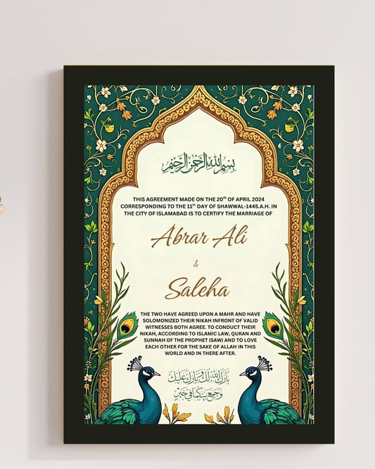 Green Floral Nikah Frame with Peacocks